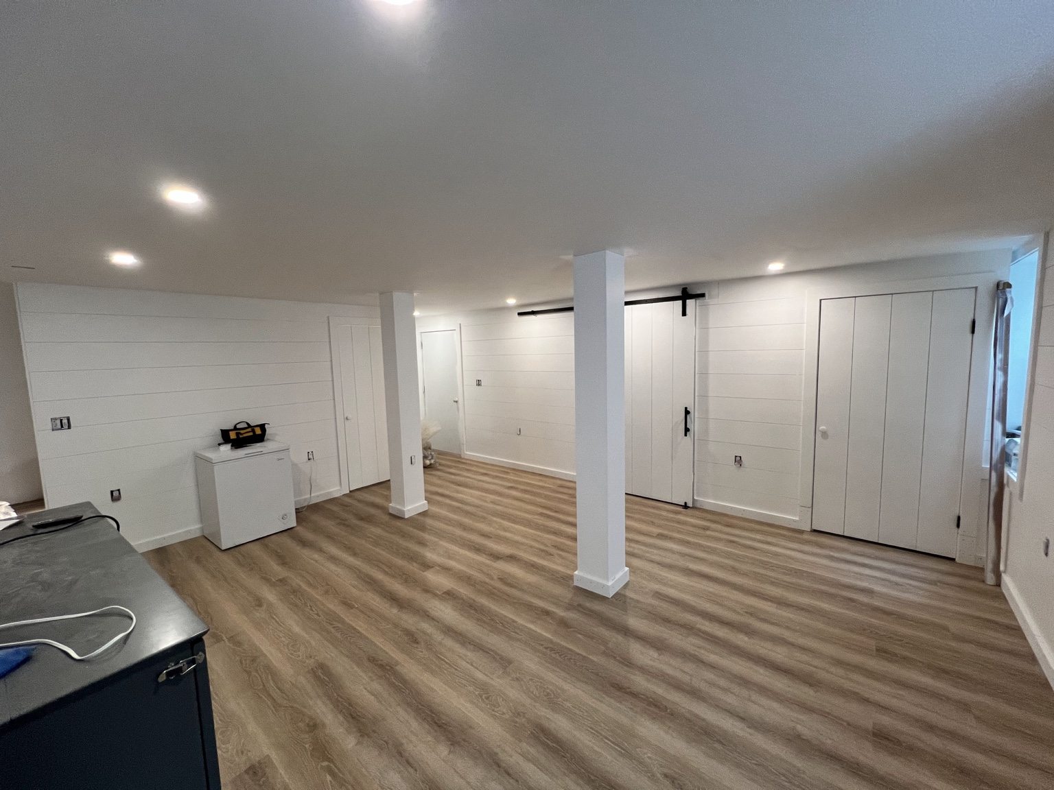 Finished lower level with plank flooring and white walls